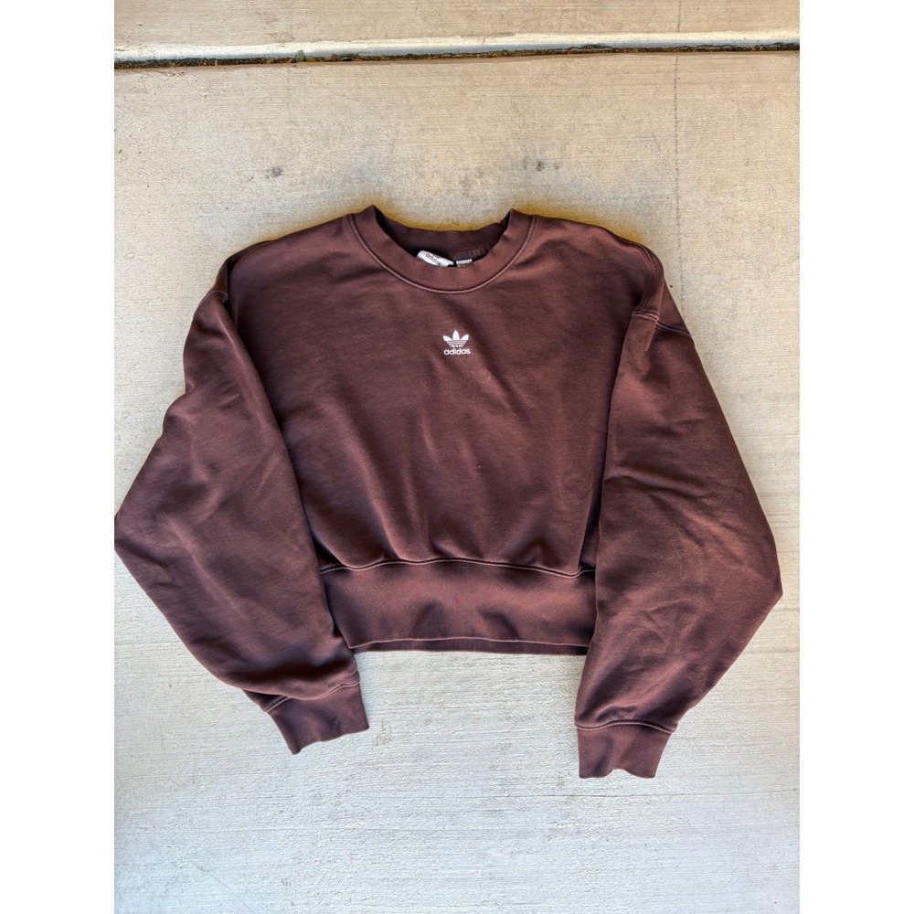 Adidas Cropped Sweatshirt Pullover Brown Trefoil Logo Comfy Casual Size S